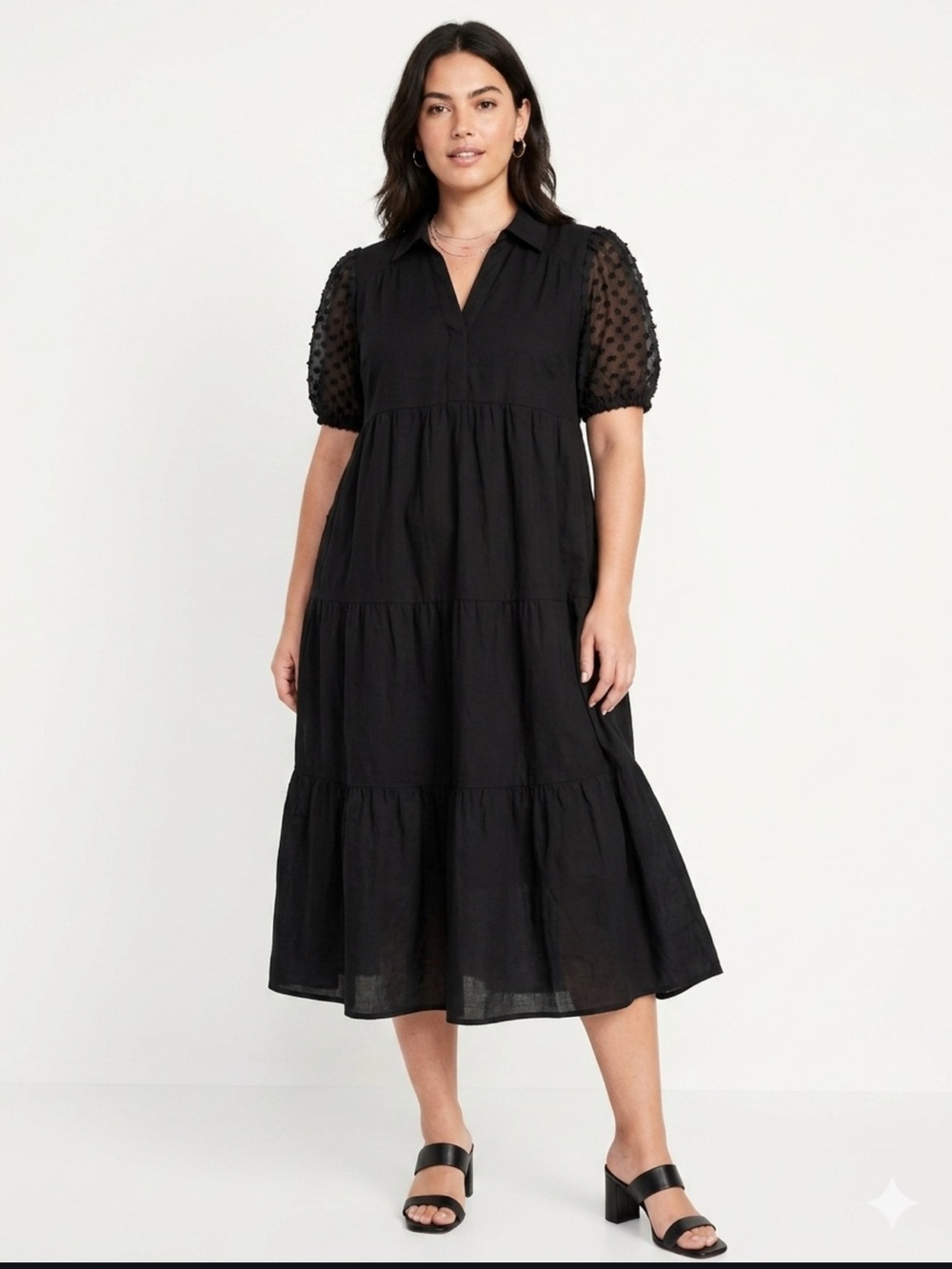 Umgee Black Midi/Maxi Tiered Dress with Puff Dot Sleeves - Size Large